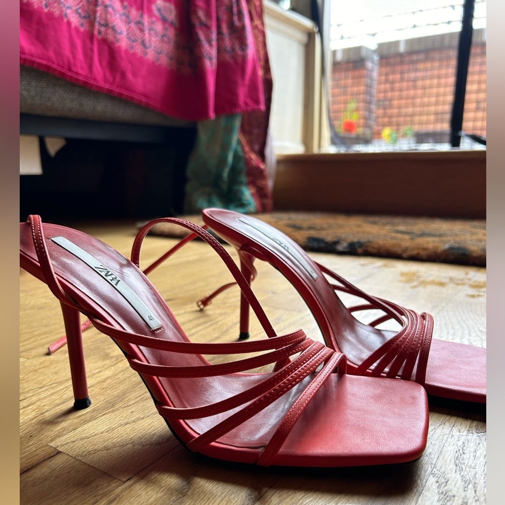 Zara Red Strappy Square-Toe Heels